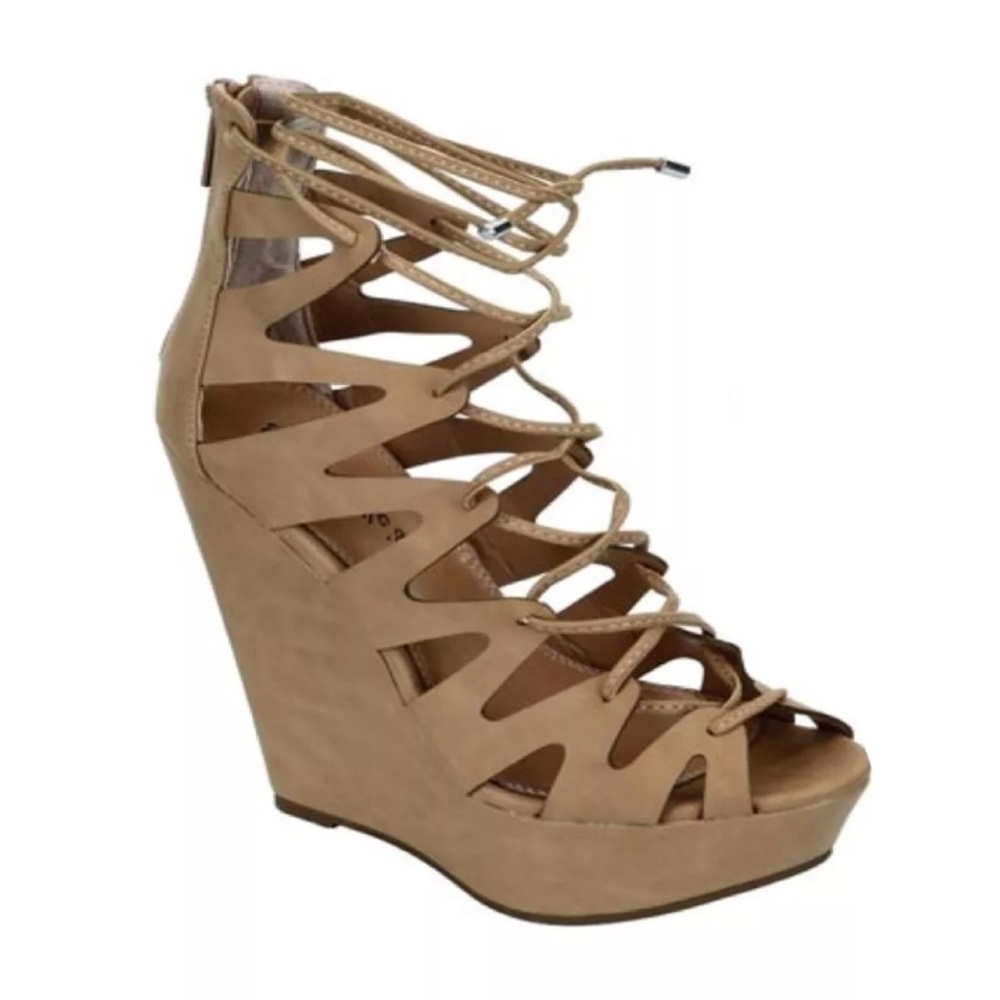 Tan Lace Up Wedge Heel Gladiator Sandals